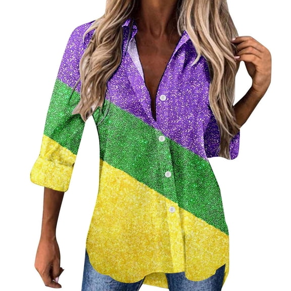 Mardi Gras Outfits Womens Sequin Print Tops V Neck Sparkly Glitter Blouses Loose Long Sleeve Holiday Evening Party Shiny Shirts Purple XL