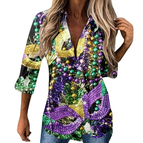 Mardi Gras Outfits Womens Sequin Print Tops V Neck Sparkly Glitter Blouses Loose Long Sleeve Holiday Evening Party Shiny Shirts XXL