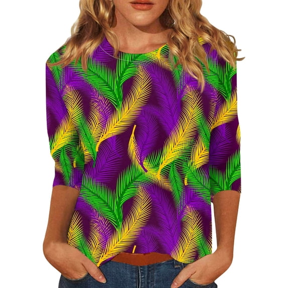 Mardi Gras Outfits for Women 3/4 Sleeve Plus Size Top, Soft Crew Neck Graphic T-Shirt, Casual Loose Fit Carnival Parade Shirt for Festival Party