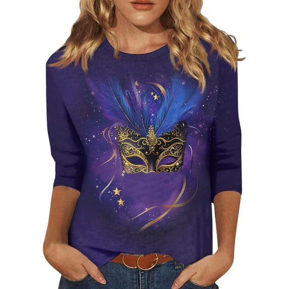 Mardi Gras Outfits for Women 3/4 Sleeve Plus Size Top, Soft Crew Neck Graphic T-Shirt, Casual Loose Fit Carnival Parade Shirt for Festival Party