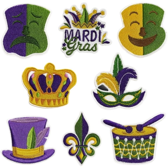 Mardi Gras Pack of 8 Iron-On Patches, Carnival Clown Badge Embroidered Applique Patch Set, Embroidered Fabric Patches for Clothes, Jackets, Shirts, Jeans, Hats, Backpacks