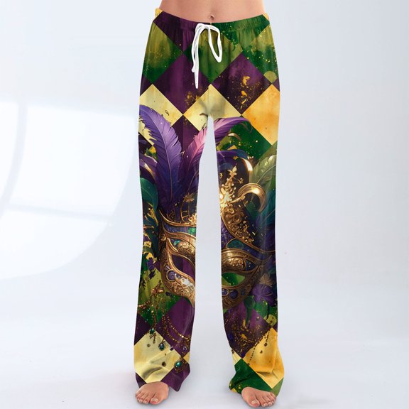 Mardi Gras Pajama Pants Women Drawstring Elastic Waist Pj Bottoms Graphic Mask Print Holiday Party Sleep Pants Loungewear with Pockets