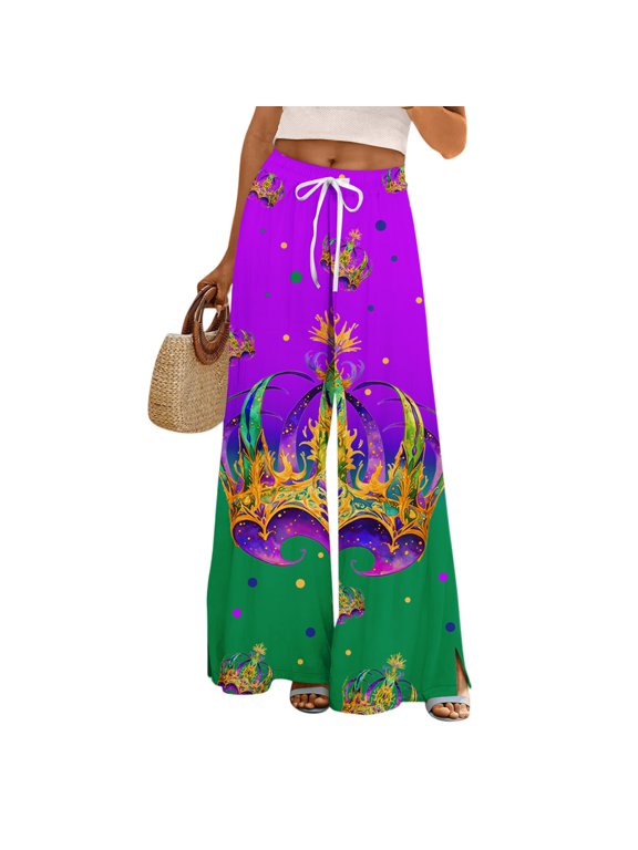 Mardi Gras Pants for Women Graphic Mask Print Holiday Party Lounge Pants Elastic Waist Pocket Wide Leg Pants with Pockets