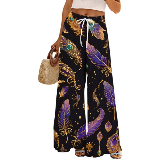 Mardi Gras Pants for Women Graphic Mask Print Holiday Party Lounge Pants Elastic Waist Pocket Wide Leg Pants with Pockets