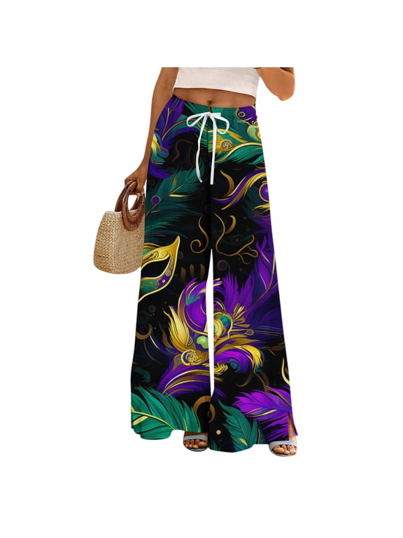 Mardi Gras Pants for Women Graphic Mask Print Holiday Party Lounge Pants Elastic Waist Pocket Wide Leg Pants with Pockets