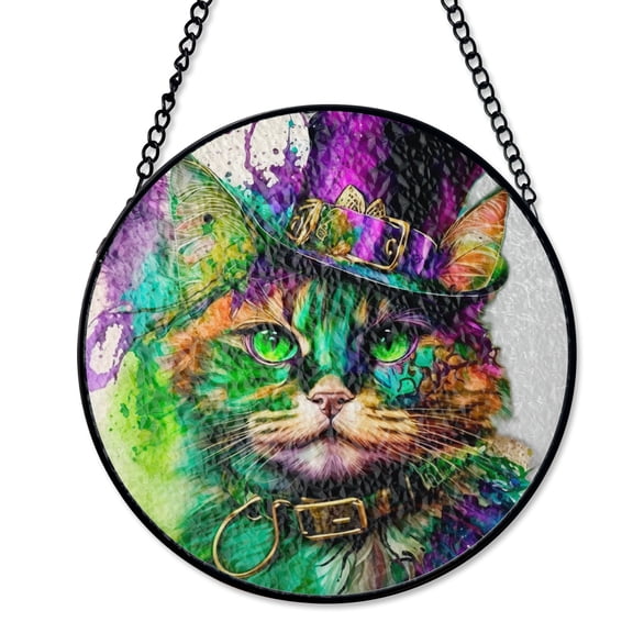 Mardi Gras Party Cat Suncatcher Stained Glass Style UV Printed Glass Carnival Pet Decor Round