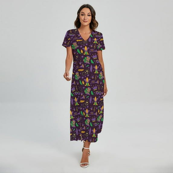 Mardi Gras Party Pattern Printed Short Sleeve Maxi Dress, Mardi Gras Fashion Summer Maxi Dress For Women