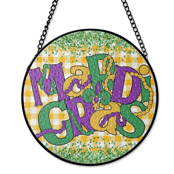 Mardi Gras Party Wreath Stained Glass Suncatcher UV Printed Glass, Carnival Festival Decor, Round