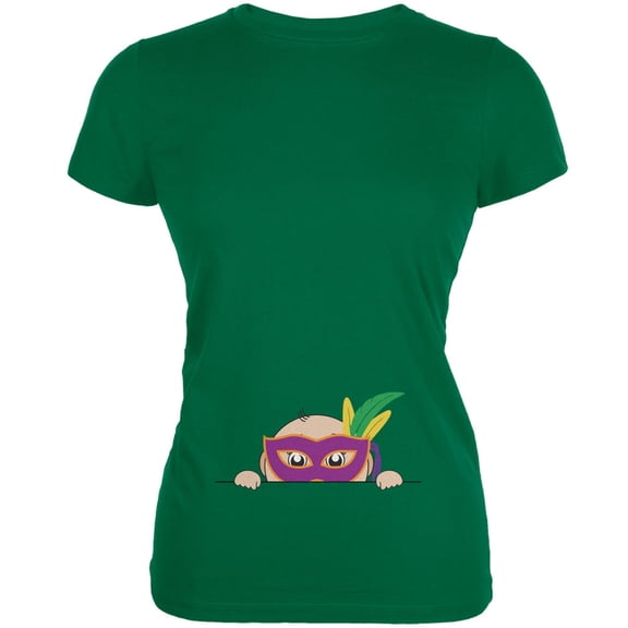 Mardi Gras - Peeking Baby King Cake Kelly Green Juniors Soft T-Shirt - Small