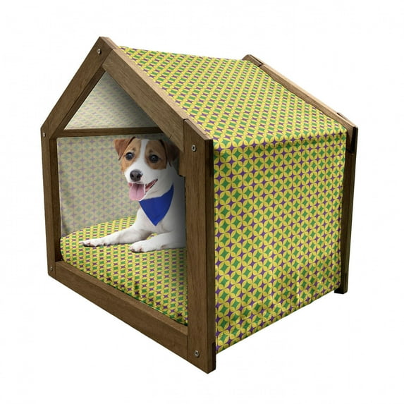 Mardi Gras Pet House, Retro Pattern with Star Circular Motifs Masquerade Design, Outdoor & Indoor Portable Dog Kennel with Pillow and Cover, 5 Sizes, Purple Fern Green Yellow, by Ambesonne