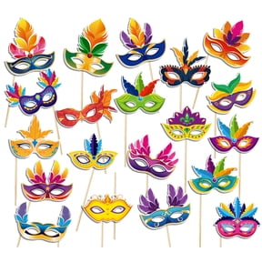 Mardi Gras Photo Booth Props, 21Pc Handheld Funny Picture Frame Mask Set, Carnival Theme Party Decorations, for Birthday Wedding Celebration, Paper Card