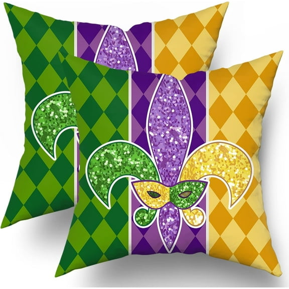 Mardi Gras Pillow Covers 18X18 Inch Masquerade Mask Fleur De Lis Couch Pillow Cases Yellow Purple Green Throw Pillows Set of 2 Happy Mardi Gras Holiday Party Decor For Sofa Couch Home Decorations