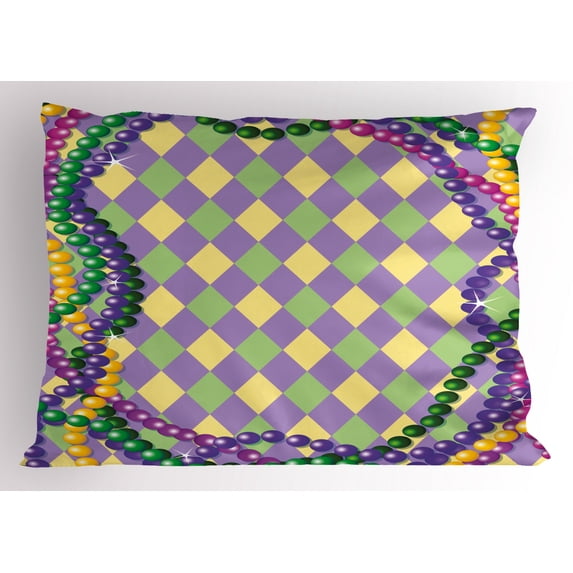 Mardi Gras Pillow Sham Mardi Gras Celebration Beads in Vibrant Graphic Style on Diamond Line Pattern, Decorative Standard Size Printed Pillowcase, 26 X 20 Inches, Multicolor, by Ambesonne