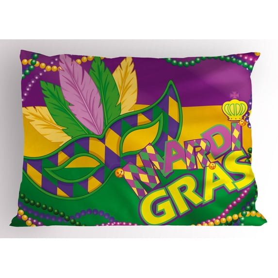Mardi Gras Pillow Sham Colorful Bands with Vivid Beads Feathers Mask and Crown Symbol, Decorative Standard King Size Printed Pillowcase, 36 X 20 Inches, Magenta Lime Green Yellow, by Ambesonne
