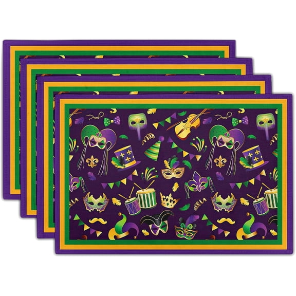 Mardi Gras Placemats Set of 4 18x12 Inch Carnival Fleur De Lis and Masks Linen Place Mat Heat-Resistant Washable Wipeable Table Mat for Party Kitchen Dining Home Decor