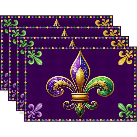 Mardi Gras Placemats Set of 4 Purple Iris Fleur De Lis Table Mats Fat Tuesday Brazil Carnival Masquerade Party Birthday Decorations and Supplies for Home Table-12×18''''