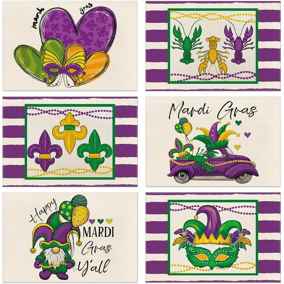 Mardi Gras Placemats Set of 6, Mask Beads Necklace Gnomes Happy Mardi Gras Carnival Placemats for Dining Table, 12 x 18 Inch Seasonal Holiday Rustic Vintage Table Mats for Party Kitchen Decoration