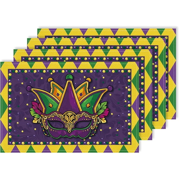 Mardi Gras Placemats Set of 4 12x18 Inch New Orleans Fat Tuesday Carnival Masks Table Mats for Home Kitchen Dining Party Outdoor Indoor Decoration