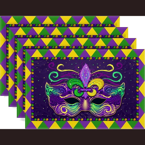Mardi Gras Placemats Set of 4 New Orleans Brazi Carnival Table Mats Fat Tuesday Mardi Gras Decorations and Supplies for Home Kitchen Table-12×18''
