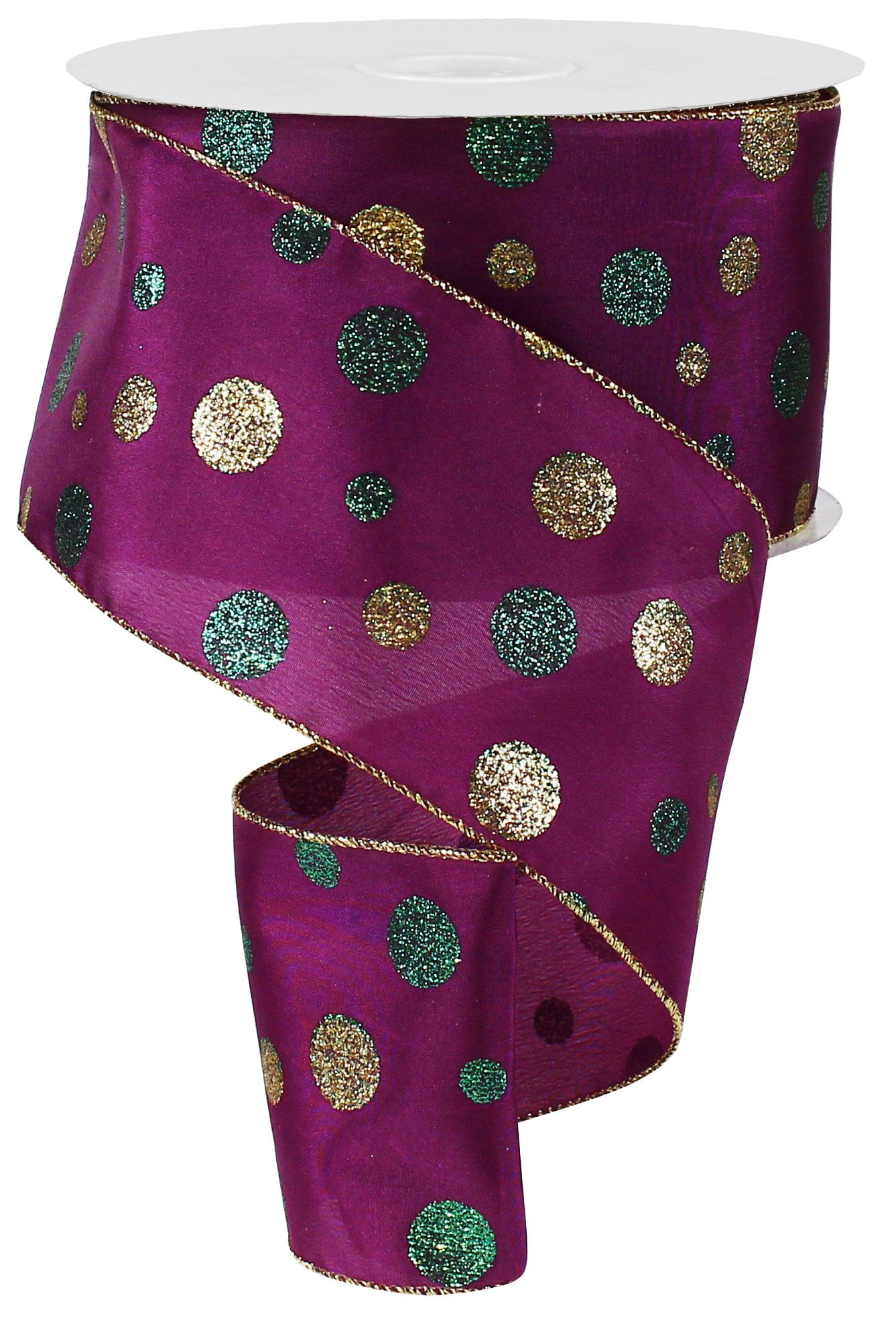 Mardi Gras Polka Dot Glitter Diamond Ribbon: Purple, Green & Gold (4 Inch X 50 Yards) : RL5738WY