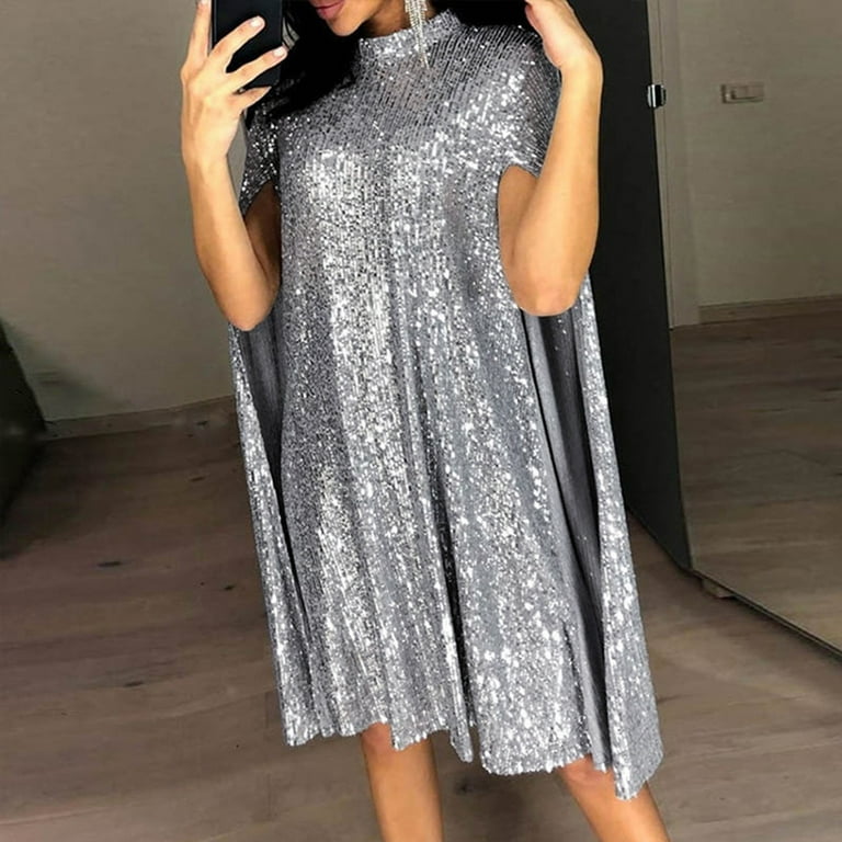 Sanbonepd Mardi Gras Polyester Knee Length Carnival Sequin Dresses for Women Silver Turtleneck Christmas Ladies Cloak Style Solid Color Waist High