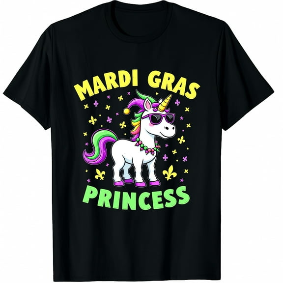 Mardi Gras Princess Unicorn Fat Tuesday Graphic Black T-Shirt for Men and Women