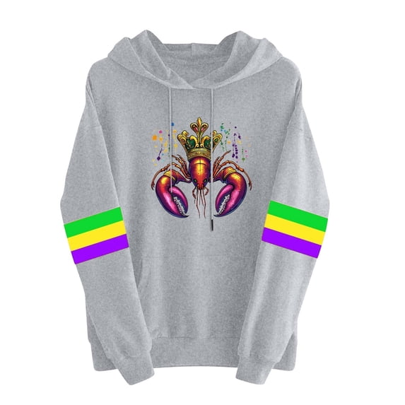 Mardi Gras Pullover Hoodie Sweatshirt for Women Long Sleeve Casual Loose Crewneck Pullover Funny Print Colorful Striped Tops