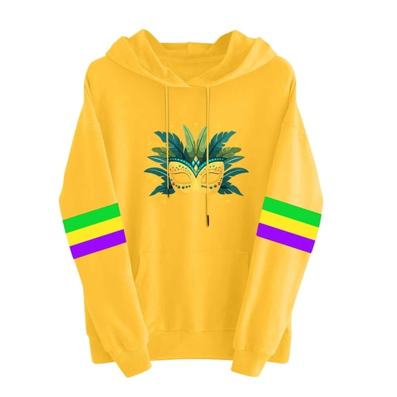 Mardi Gras Pullover Hoodie Sweatshirt for Women Long Sleeve Casual Loose Crewneck Pullover Funny Print Colorful Striped Tops