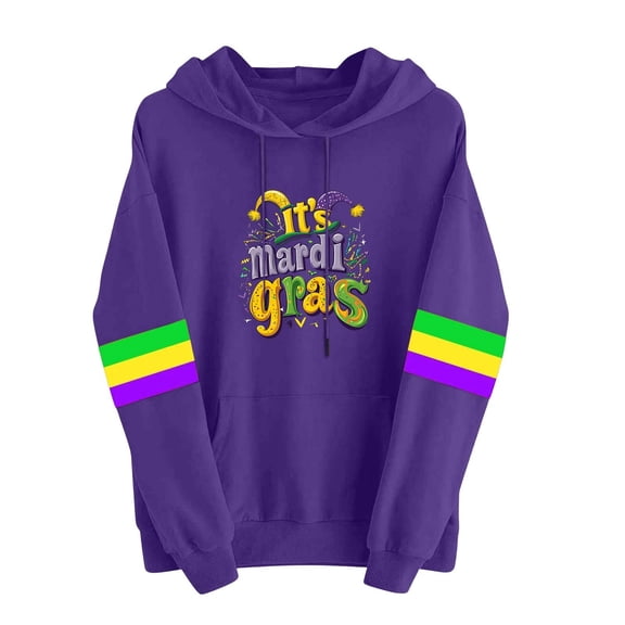 Mardi Gras Pullover Hoodie Sweatshirt for Women Long Sleeve Casual Loose Crewneck Pullover Funny Print Colorful Striped Tops