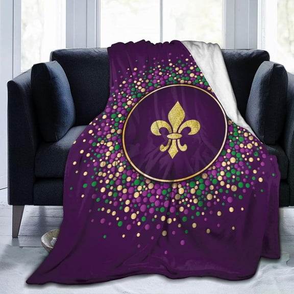 Mardi Gras Purple Golden Fleur De Lis Blanket Soft Lightweight Throw Blankets Cozy Flannel Bed Throws for Sofa Couch Travel Home Room Bedroom Decor Gifts for Women Adults 80"x60"