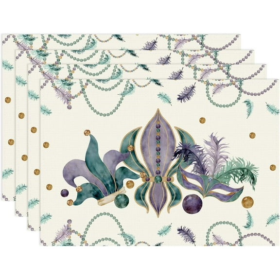 Mardi Gras Purple Green Feathers Fleur De Lis Iris Masquerade Mask Beads Cloth Placemats Set of 4 Table Mats Table Decorations 12x18 Inch