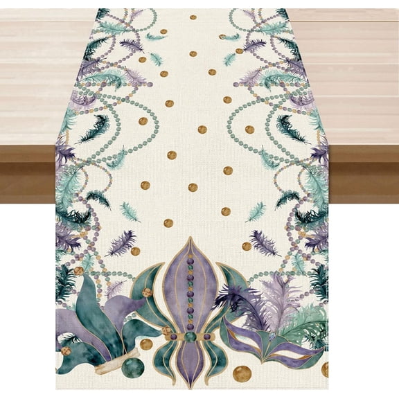 Mardi Gras Purple Green Feathers Fleur De Lis Iris Masquerade Mask Beads Cloth Table Runner Burlap Table Decoration for Home Kitchen Dining Dinner Indoor Holiday Farmhouse Decor 13.8x71 Inch