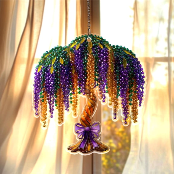 Mardi Gras Purple Green Gold Beads Tree Acrylic Suncatcher New Orleans Decor Window Hanging Festive Gift