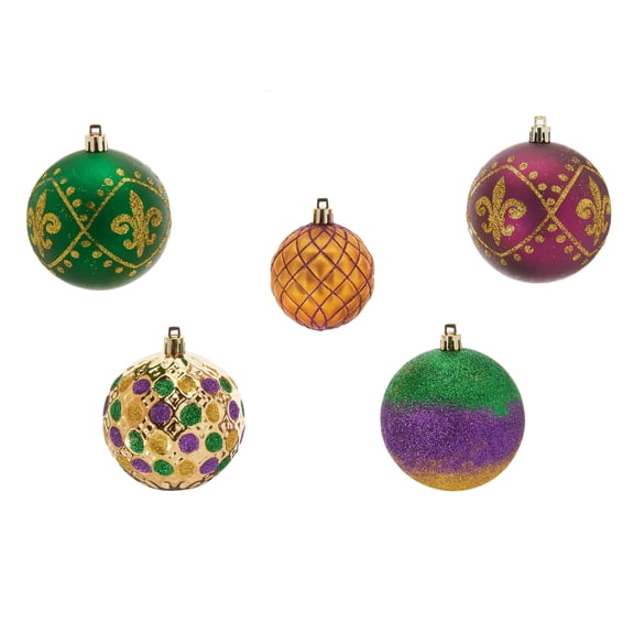 Mardi Gras Purple, Green & Gold Shatterproof Fleur De Lis Tie Dye polka dot Ornaments, 5 Count