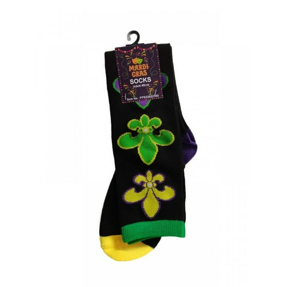 Mardi Gras Purple Green Yellow Regular Fleur de Lis Black Socks One Size