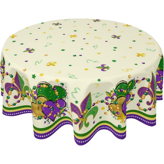 Mardi Gras Purple Tablecloth Spring Cream Round Tablecloth 60 Inch Carnival Fleur De Lis Mask Table Cloth for Farmhouse Kitchen Decor Polyester Fabric Holiday Table Cover for Party Outdoor