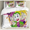 thumbnail image 1 of Mardi Gras Queen Size Duvet Cover Set, Cartoon Design of Mardi Gras Jester Smiling and Holding a Mask Harlequin Figure, Decorative 3 Piece Bedding Set with 2 Pillow Shams, Multicolor, by Ambesonne, 1 of 3