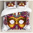 thumbnail image 1 of Mardi Gras Queen Size Duvet Cover Set, Ornate Floral Details on Yellow Eye Mask Traditional Holiday Carnival Festival, Decorative 3 Piece Bedding Set with 2 Pillow Shams, Multicolor, by Ambesonne, 1 of 3