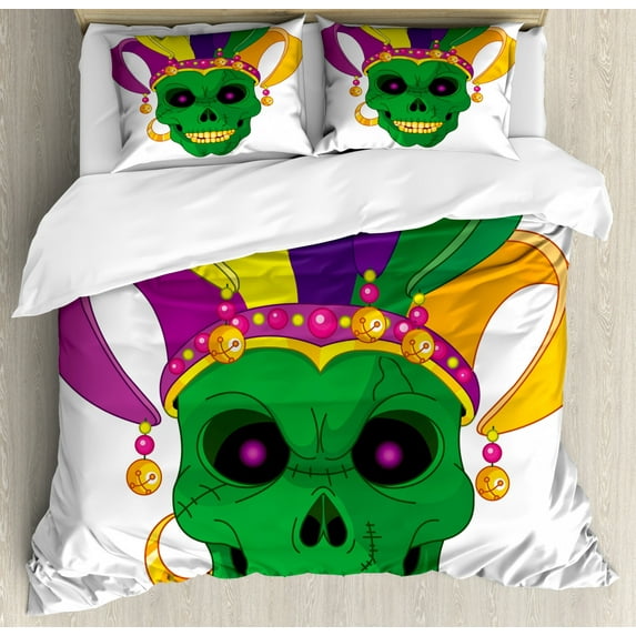 Mardi Gras Queen Size Duvet Cover Set, Scary Looking Green Skull Mask with Carnival Hat Beads and Earring Cartoon Style, Decorative 3 Piece Bedding Set with 2 Pillow Shams, Multicolor, by Ambesonne