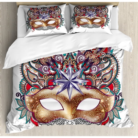 Mardi Gras Queen Size Duvet Cover Set, Venetian Carnival Mask Silhouette with Ornamental Elements Masquerade Costume, Decorative 3 Piece Bedding Set with 2 Pillow Shams, Multicolor, by Ambesonne