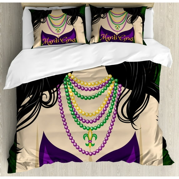 Mardi Gras Queen Size Duvet Cover Set, Young Woman with Party Dress and Necklace with Fleur De Lis Symbol Accessories, Decorative 3 Piece Bedding Set with 2 Pillow Shams, Multicolor, by Ambesonne