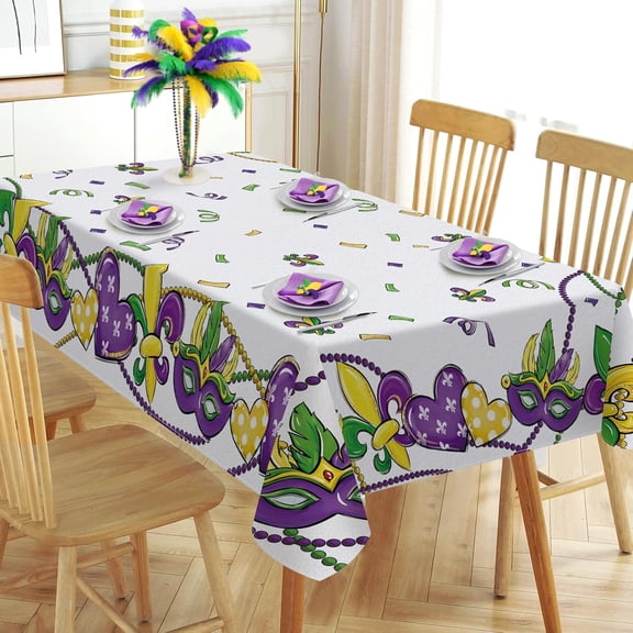 Mardi Gras Rectangle Tablecloth 60x84 Inch, Mask Fleur De Lis Love Heart New Orleans Carnival Decorative Table Cloth Dining Table Cover, Beads Masquerade Holiday Dinner Party Picnic Decoration
