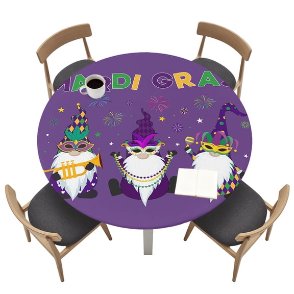 Mardi Gras Round Fitted Tablecloth Carnival Gnome Mask Deep Purple Theme Elastic Table Cloth Waterproof Oil Proof Table Cover Fits 45"-54" Round Tables for Party Picnic Dinner Decor