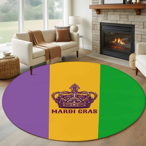 Mardi Gras Round Living Room Rugs 6 ft, Carnival Crown Purple Gold Green Washable Area Rug with Non-Slip Sturdy Edge Binding Round Carpet for Kitchen Office Bedroom