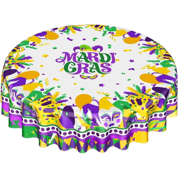 Mardi Gras Round Tablecloth 60 Inch, Carnival Mask Balloon Table Cover Seasonal Festival Holiday Kitchen Dining Table Decoration for Indoor Outdoor Home Party Decor