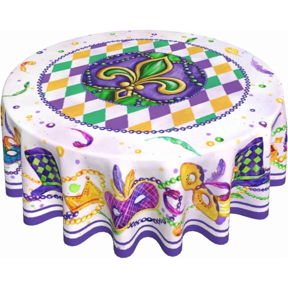 Mardi Gras Round Tablecloth 60Inch, Carnival Festival Masquerade Party Celebration Table Cover, Mask Beaded Feather Checkered Table Cloth Washable for Kitchen Dining Holiday Picnic Decor