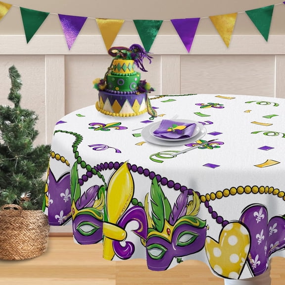Mardi Gras Round Tablecloth 60x60 Inch, Mask Fleur De Lis Love Heart New Orleans Carnival Decorative Table Cloth Dining Table Cover, Beads Masquerade Holiday Dinner Party Picnic Decoration