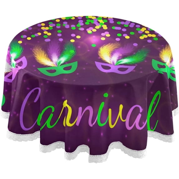 Mardi Gras Round Tablecloth,Masquerade Party Mask Feather Round Table Cloth Water Resistant Spill Proof Large Table Cover for Family Gathering Dinner, Hotel, BBQ Decor Gift
