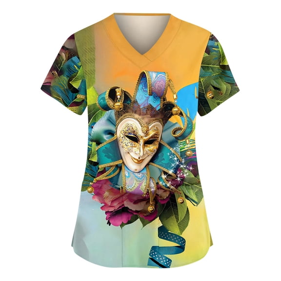 Mardi Gras Scrub Tops Women Casual Short Sleeve Funny Carnival Mask Graphic Scrubs Loose V Neck Scrub Shirts Medical Nurse Uniform Nursing Workwear with Pockets Yellow XL