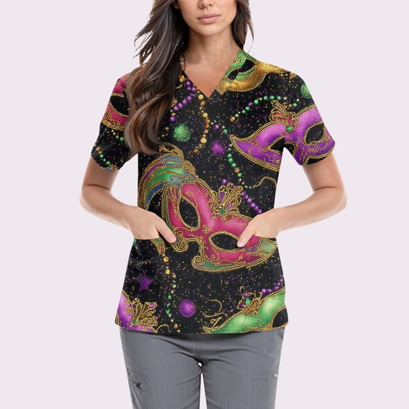 Mardi Gras Scrub Tops Women Funny Mask Feather Print Short Sleeve Nurse Working Uniforms Mardi Gras Comfy Scrub Tops with Pockets
